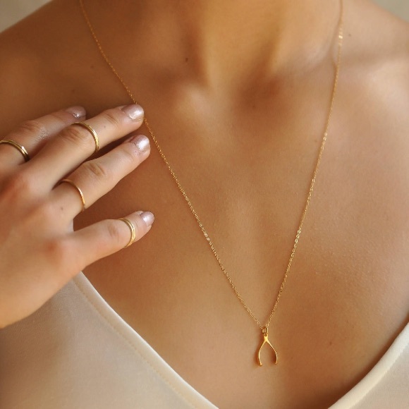 Dainty Minimal Gold Wishbone Necklace - Picture 2 of 3